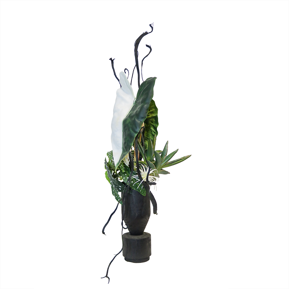 Alocasia Saneriana, Air Plant, Samurai Sansevieria, Agave, Begonia, and Staghorn in Wood Vase 50"H - LDF Silk