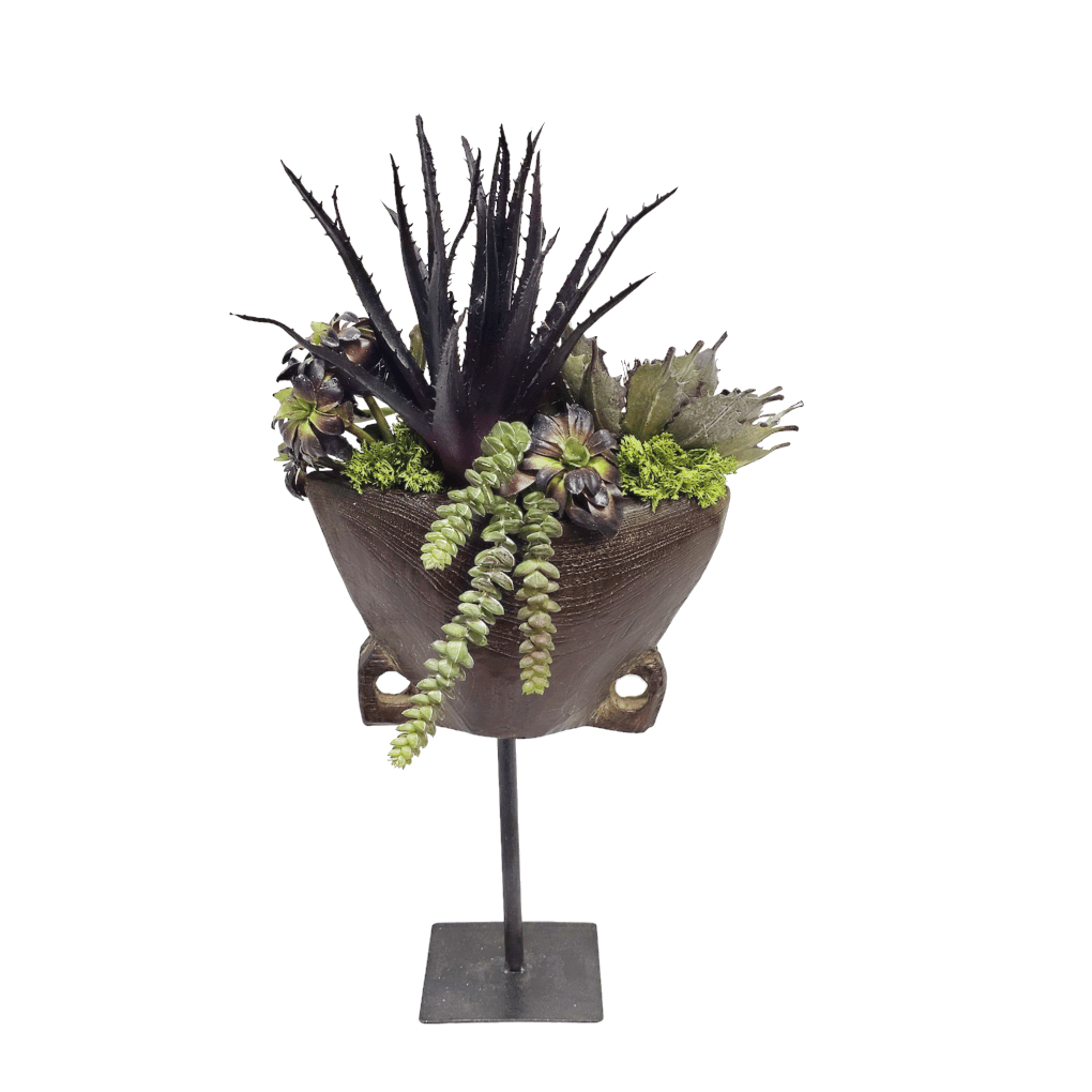 Aloe, Agave and Burro's Tail in Antique Wood Cow Bell on Stand 18"H - LDF Silk