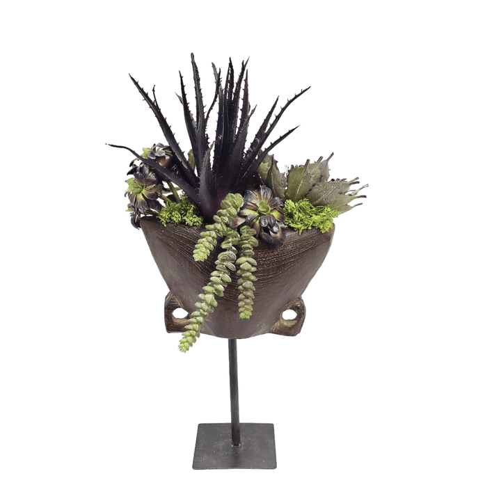 Aloe, Agave and Burro's Tail in Antique Wood Cow Bell on Stand 18"H - LDF Silk