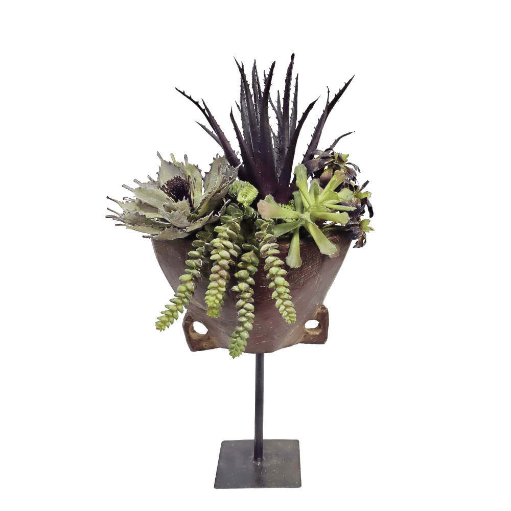 Aloe, Agave and Burro's Tail in Antique Wood Cow Bell on Stand 18"H - LDF Silk