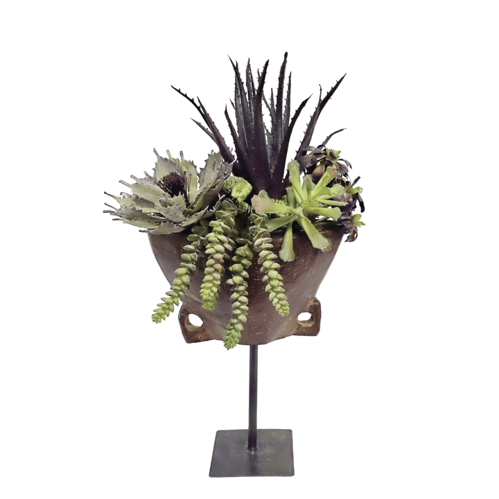 Aloe, Agave and Burro's Tail in Antique Wood Cow Bell on Stand 18"H - LDF Silk