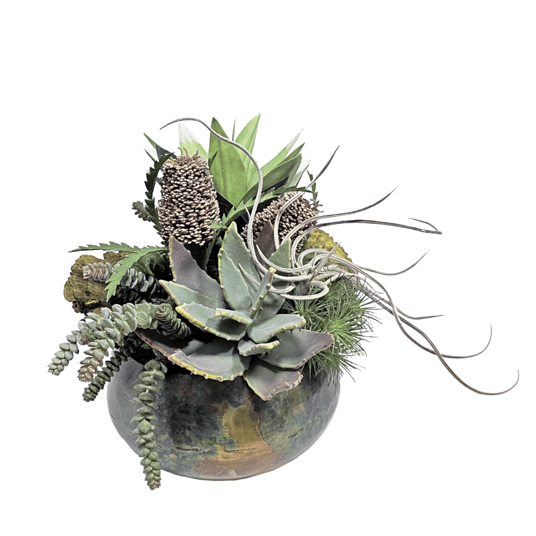 Aloe, Tillandsia, Banksia, Agave and Dried Mushrooms in Metal Bowl with Patina 15"H - LDF SilkArtificial Flora