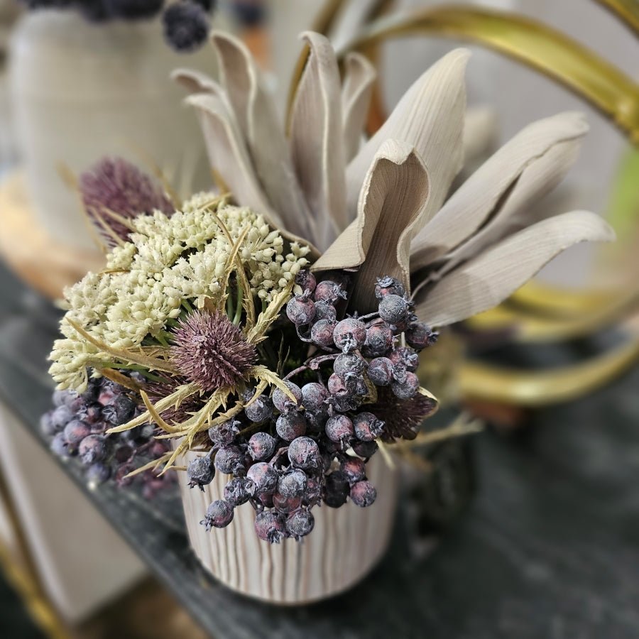 Artichoke, Thistle, Sedum, and Allium in Ceramic Pot 10"H - LDF Silk