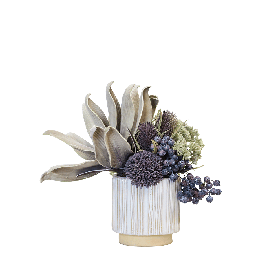 Artichoke, Thistle, Sedum, and Allium in Ceramic Pot 10"H - LDF Silk