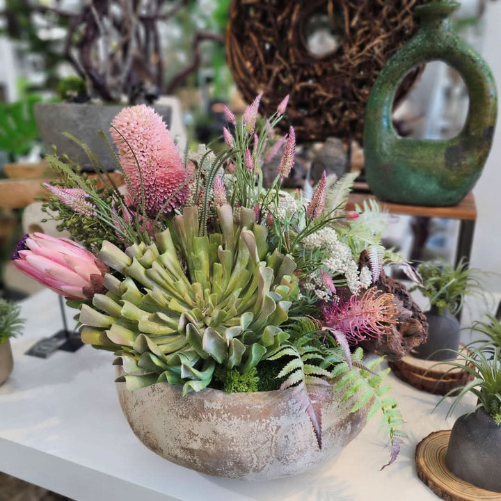 Banksia, Aeonium, Clover, Angelica and Protea with Ferns in Rustic Ceramic Bowl 20"H - LDF Silk
