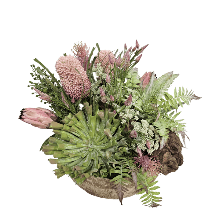 Banksia, Aeonium, Clover, Angelica and Protea with Ferns in Rustic Ceramic Bowl 20"H - LDF Silk