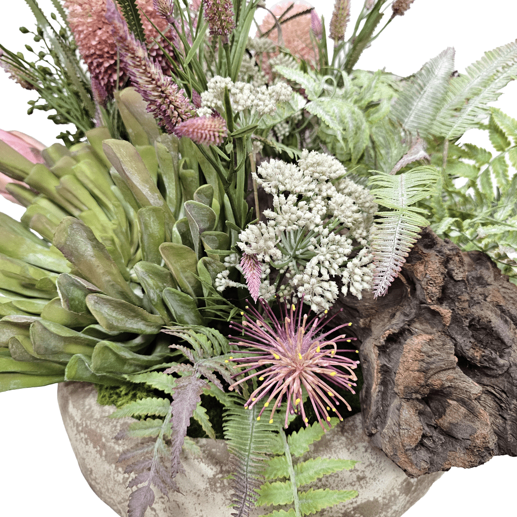 Banksia, Aeonium, Clover, Angelica and Protea with Ferns in Rustic Ceramic Bowl 20"H - LDF Silk