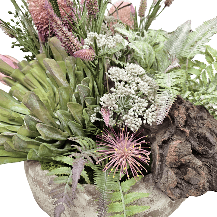 Banksia, Aeonium, Clover, Angelica and Protea with Ferns in Rustic Ceramic Bowl 20"H - LDF Silk