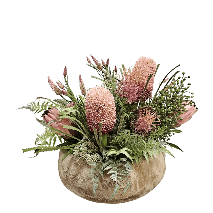 Banksia, Aeonium, Clover, Angelica and Protea with Ferns in Rustic Ceramic Bowl 20"H - LDF Silk