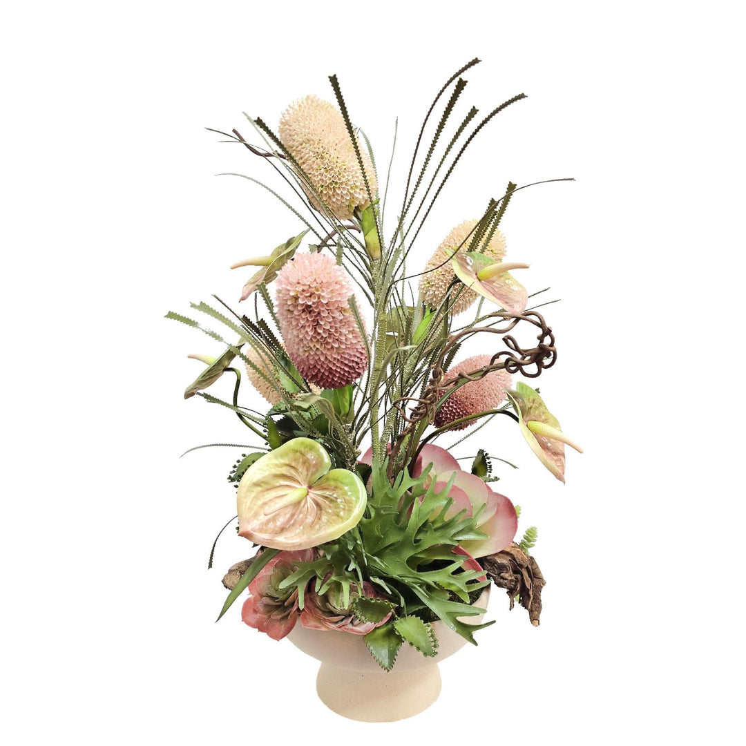 Banksia, Anthurium, Kalanchoe, Staghorn Fern and Wood Fragments in Textured Compote 32"H - LDF Silk