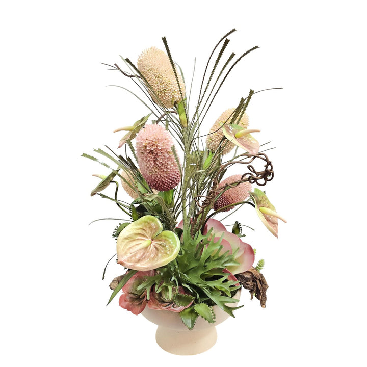 Banksia, Anthurium, Kalanchoe, Staghorn Fern and Wood Fragments in Textured Compote 32"H - LDF Silk