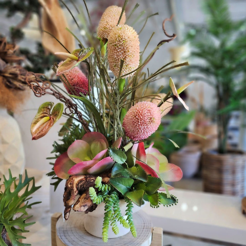 Banksia, Anthurium, Kalanchoe, Staghorn Fern and Wood Fragments in Textured Compote 32"H - LDF Silk