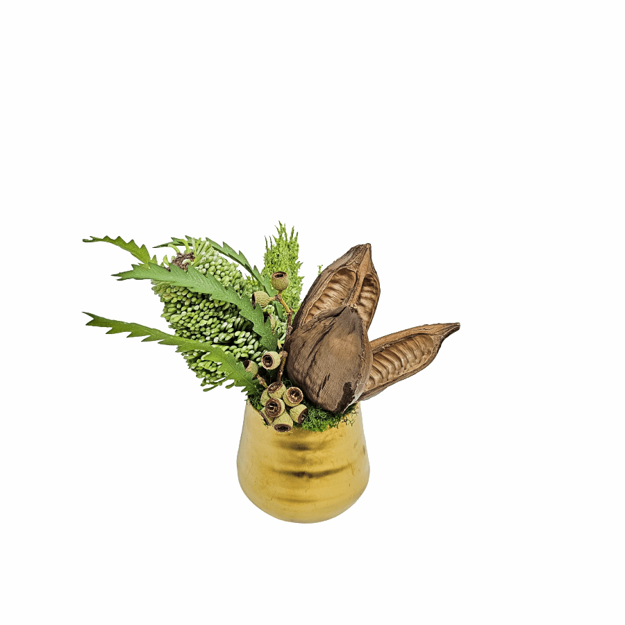 Banksia, Dried Sora and Tiny Pods in Ceramic 7"H x 8.25"W x 3.5"D - LDF Silk