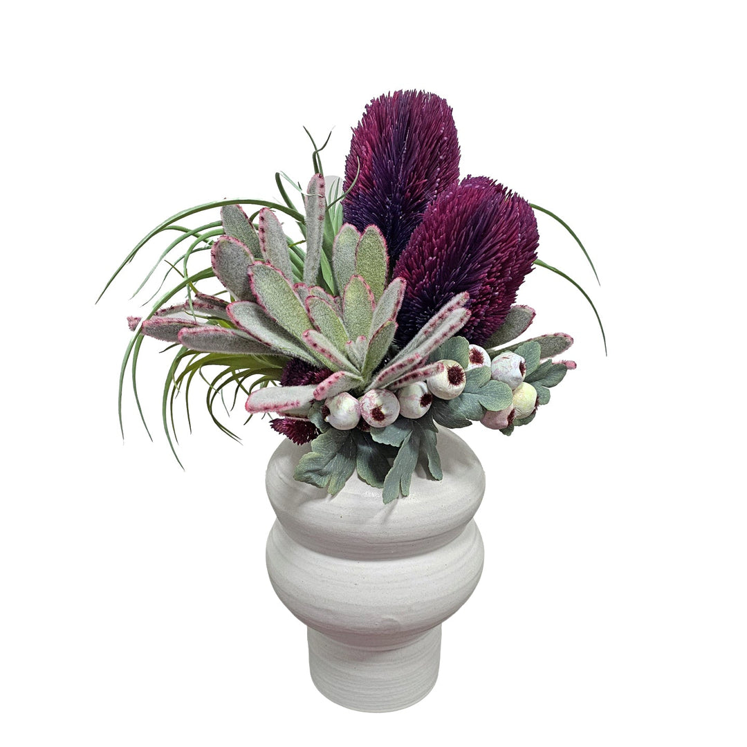 Banksia, Panda Succulents, Tillandsia and Berries in Glazed Ceramic Gourd Vase 18"H - LDF Silk