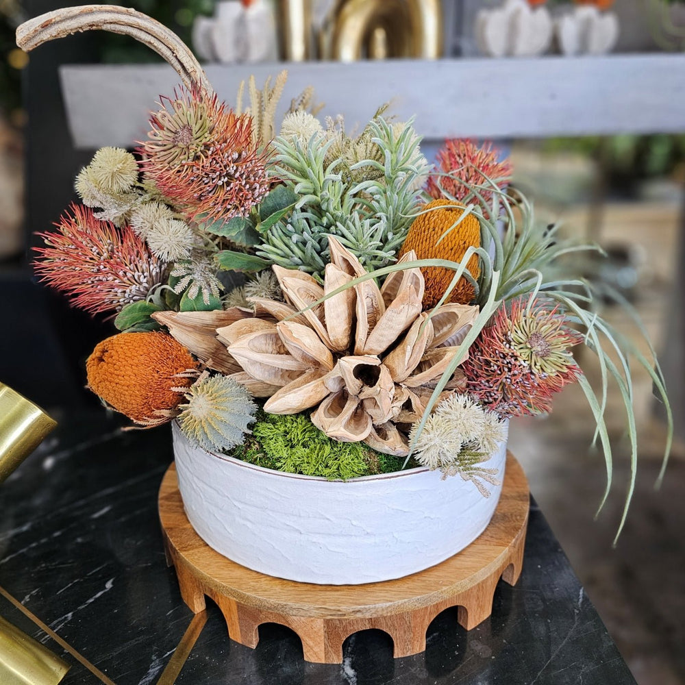 Banksia, Protea, Star Pod, Tillandsia and Cactus in Ceramic Bowl 16.5"H - LDF Silk