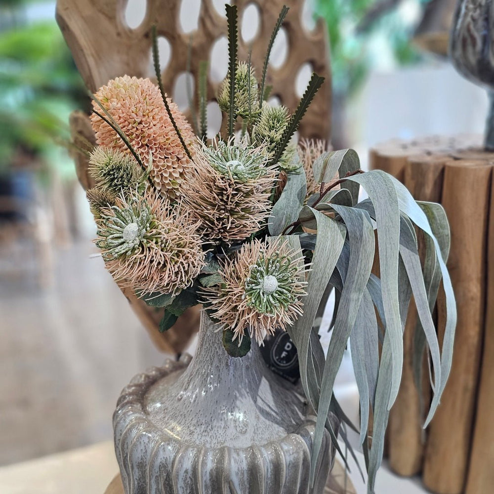 Banksia, Protea, Thistle and Eucalyptus Leaves in Ceramic Vase 21"H - LDF Silk