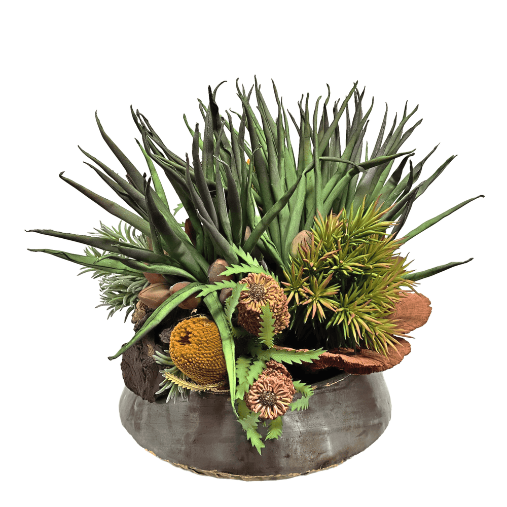 metal succulents Banksia, Spikey Succulents, and Wood Fragments in Metal Bowl. FH: 20" – LDF Silk