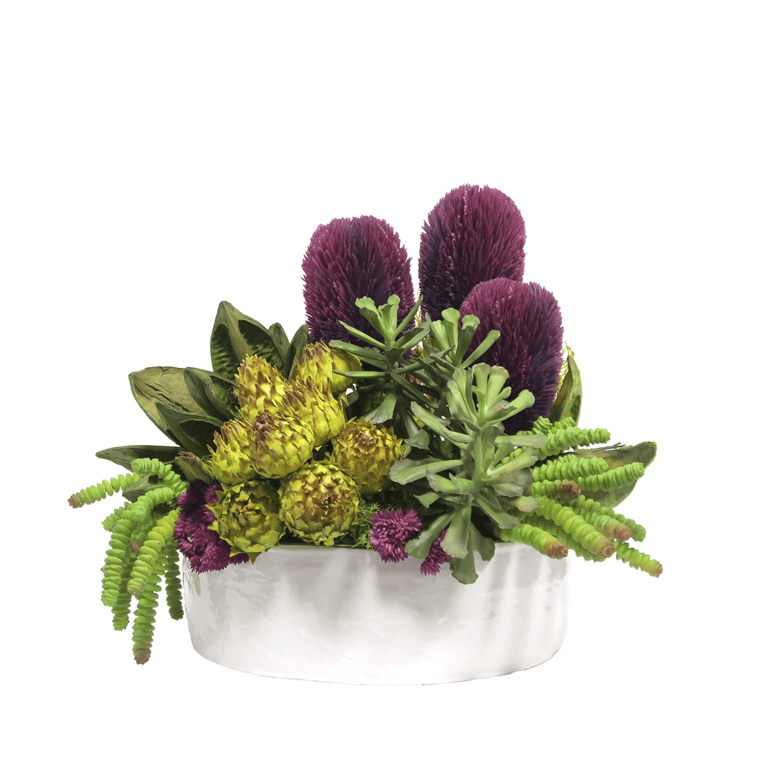 Banksia, Star Pods, Dried Artichokes and Succulents in Ceramic Bowl. FH: 14.5"H - LDF SilkArtificial Flora