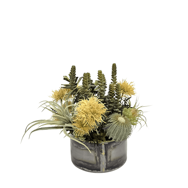 Barrel Cactus, Succulents and Spikey Flowers in Metal Bowl 13.5"H - LDF Silk