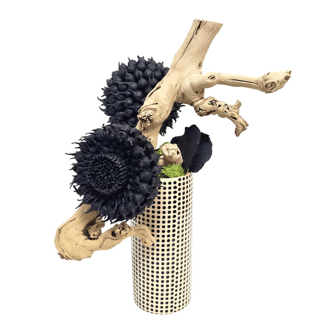 Black Sunflowers in Grapewood in Dotted Ceramic 22.5"H - LDF Silk