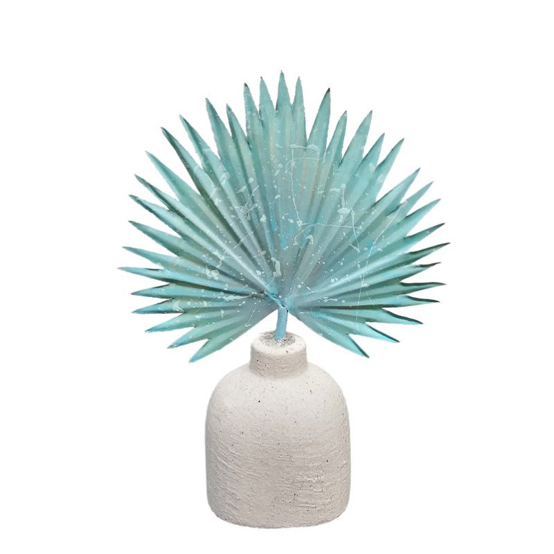 Blue Hand - Painted Palm Leaf in Ceramic Vase 9.5"H - LDF Silk