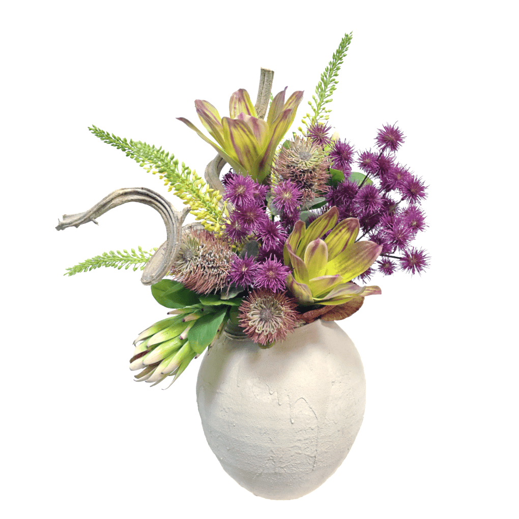 Bromeliads, Protea, Foxtail Lily, Vine and Mushrooms in Textured Ceramic 30"H - LDF Silk