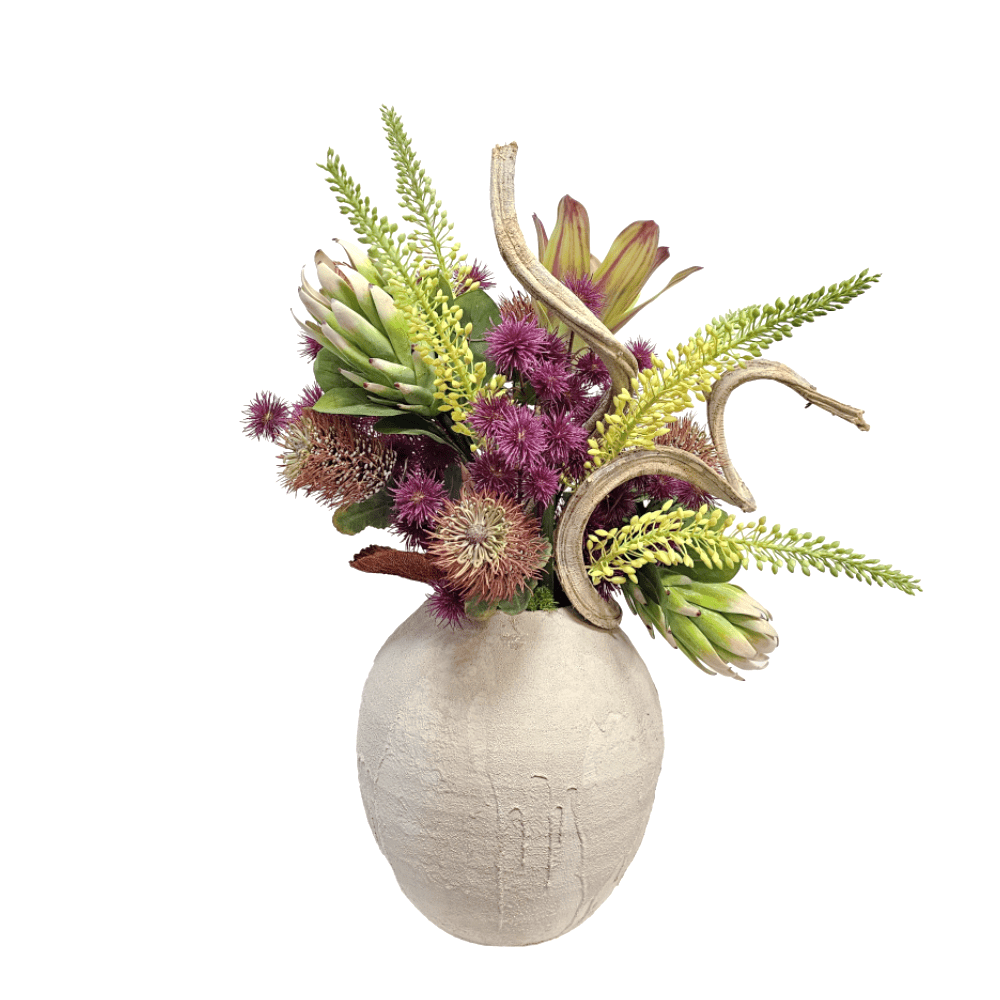 Bromeliads, Protea, Foxtail Lily, Vine and Mushrooms in Textured Ceramic 30"H - LDF Silk