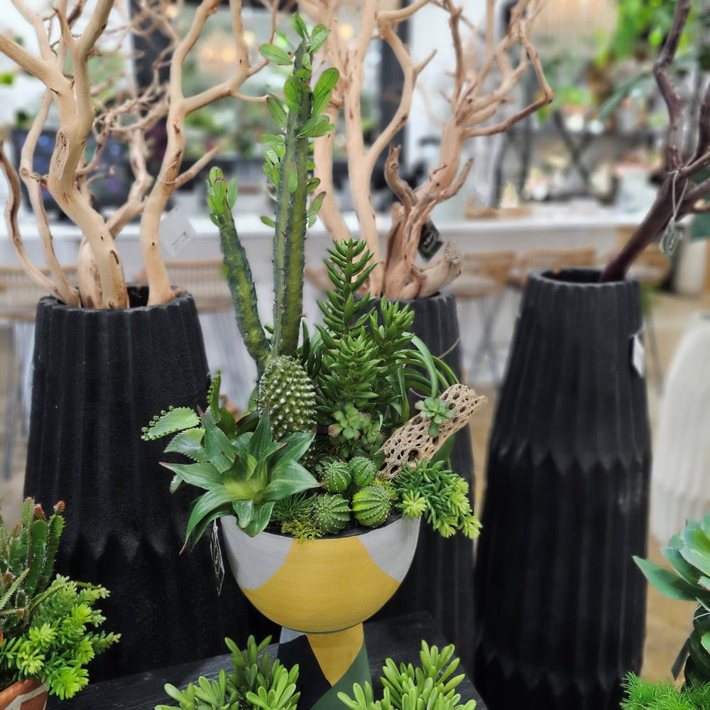 Cactus and Tillandsia with Cholla Wood in Color Block Vase. FH: 13" - LDF SilkArtificial Flora