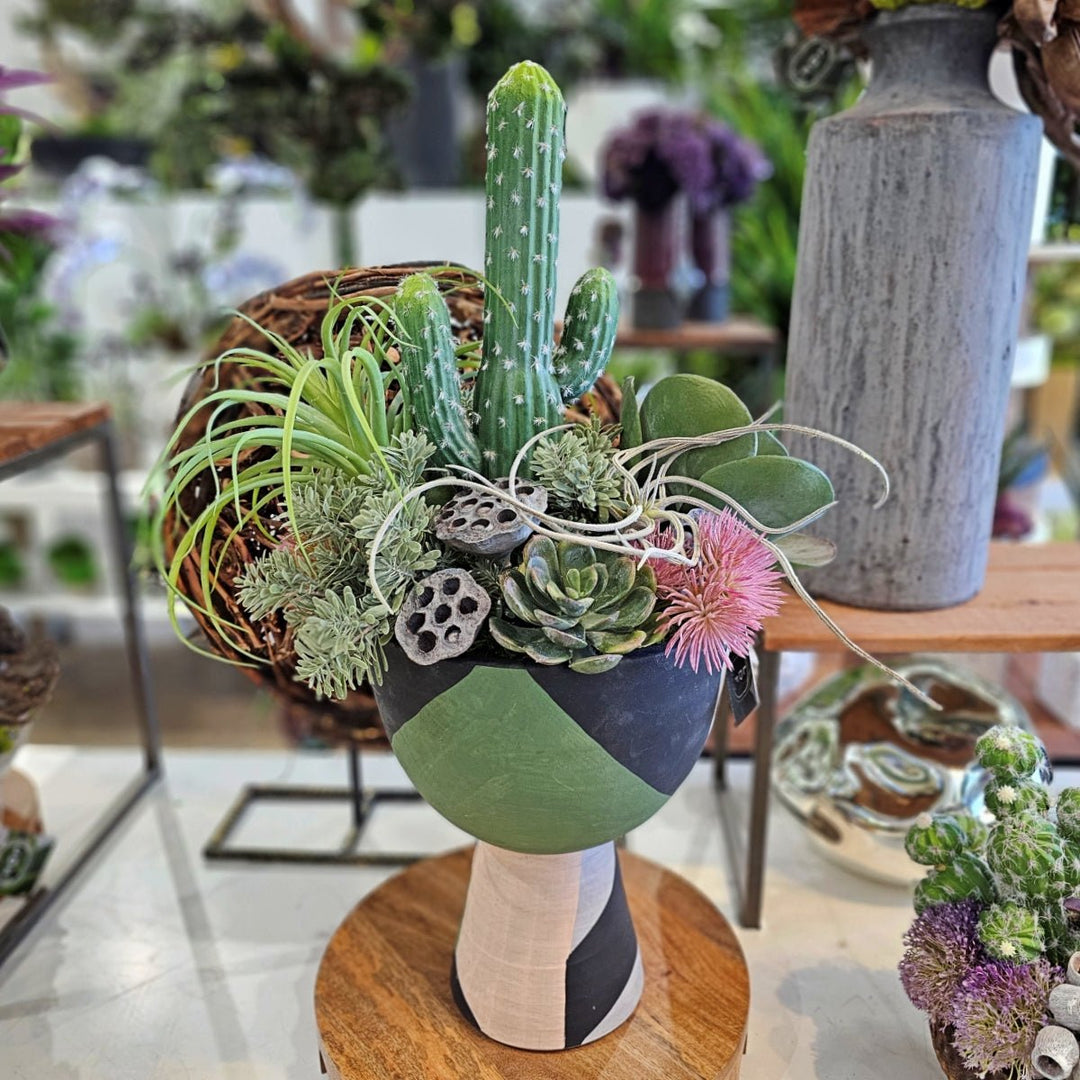 Cactus, Succulents and Dried Lotus Pods in Terra Cotta Container. FH: 27'H - LDF SilkArtificial Flora