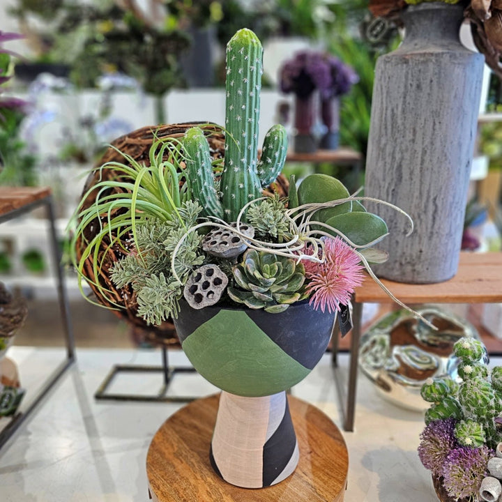 Cactus, Succulents and Dried Lotus Pods in Terra Cotta Container. FH: 27'H - LDF SilkArtificial Flora