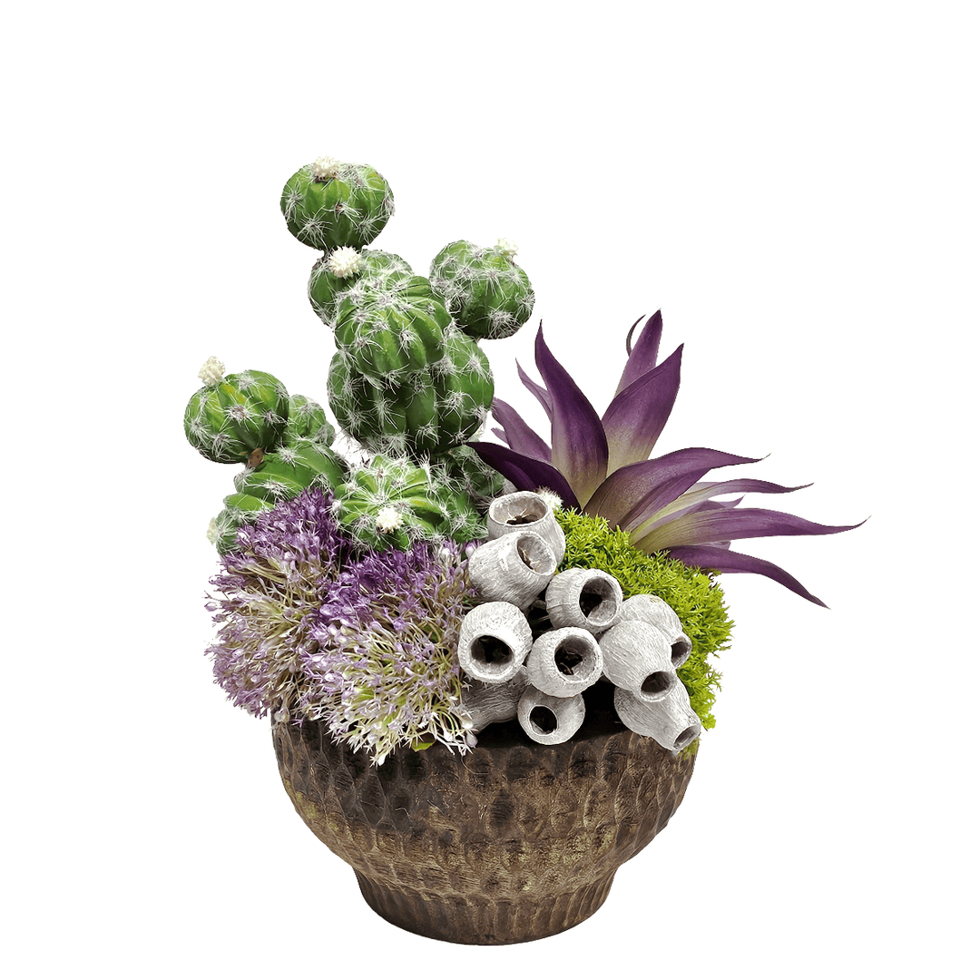 Cactus with Succulents and Pods in Carved Wood Bowl. 11"H - LDF SilkArtificial Flora