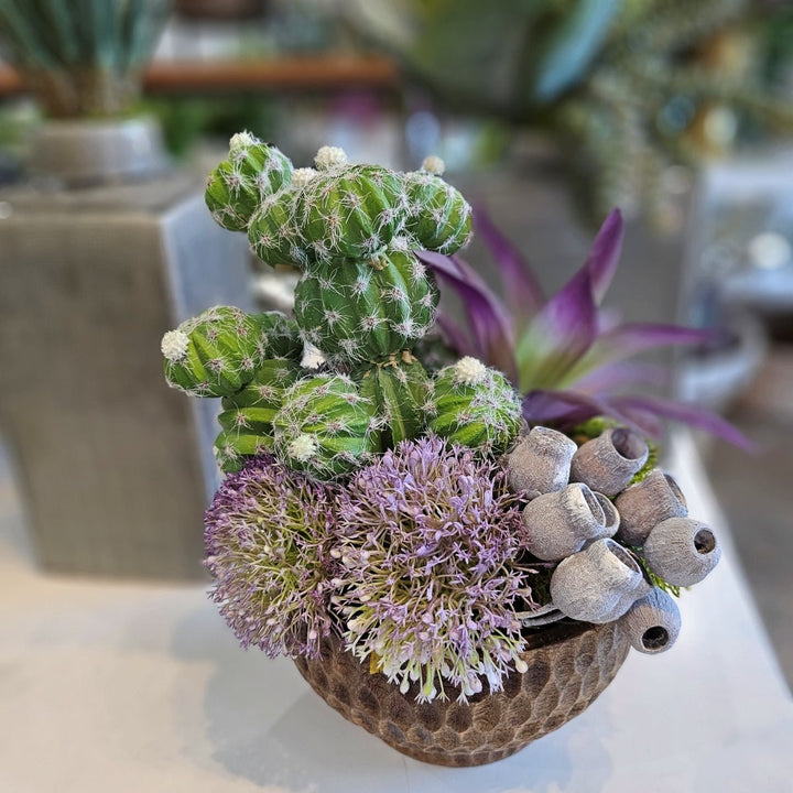 Cactus with Succulents and Pods in Carved Wood Bowl. 11"H - LDF SilkArtificial Flora