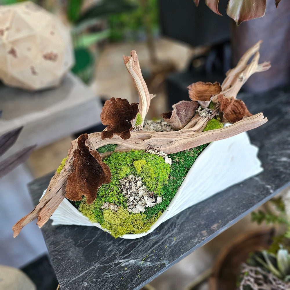 Calice onto Manzanita Branch with Lichen and Mixed Mosses in Textured Ceramic 14"H - LDF Silk