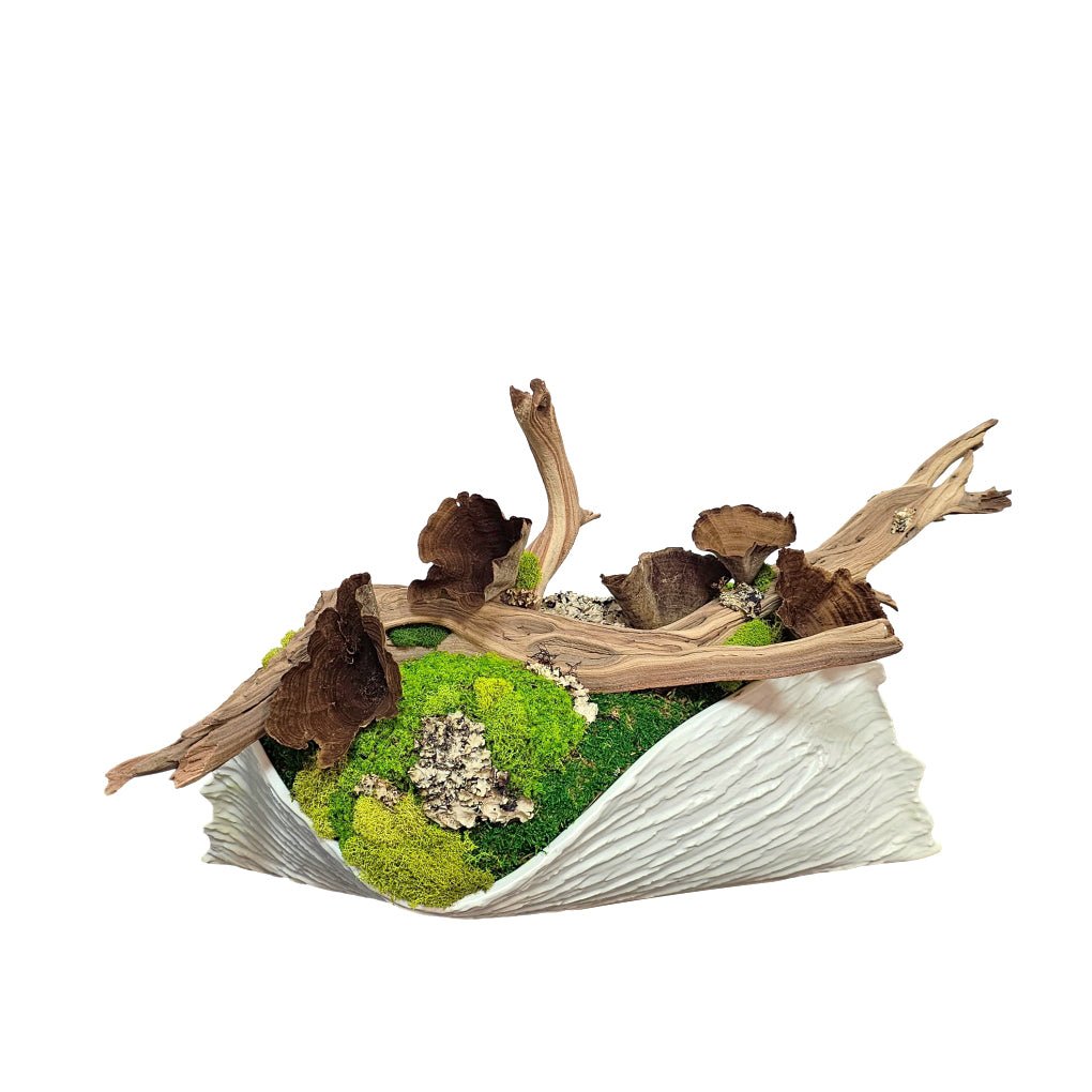 Calice onto Manzanita Branch with Lichen and Mixed Mosses in Textured Ceramic 14"H - LDF Silk