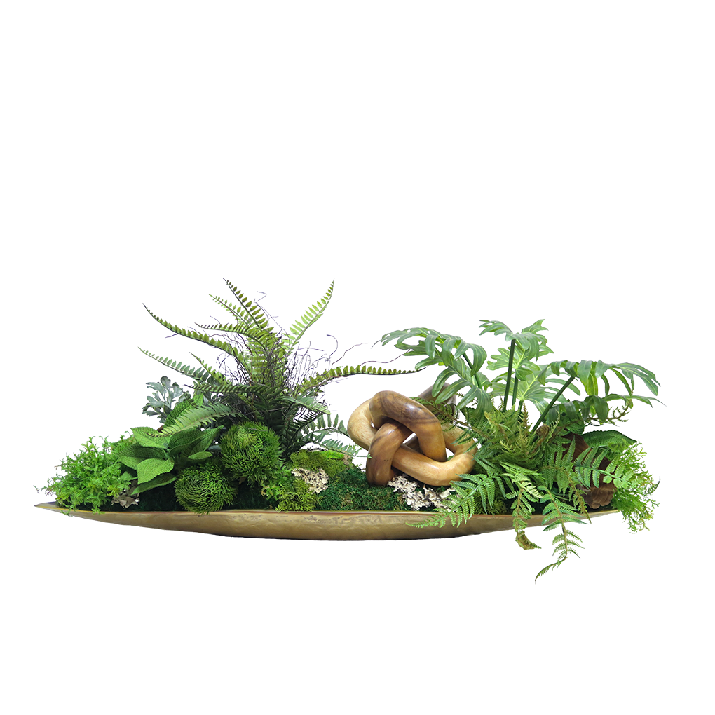 Carved Natural Wood Chain, Ferns and Mixed Mossed in Gold Long Metal Tray 16"H - LDF Silk