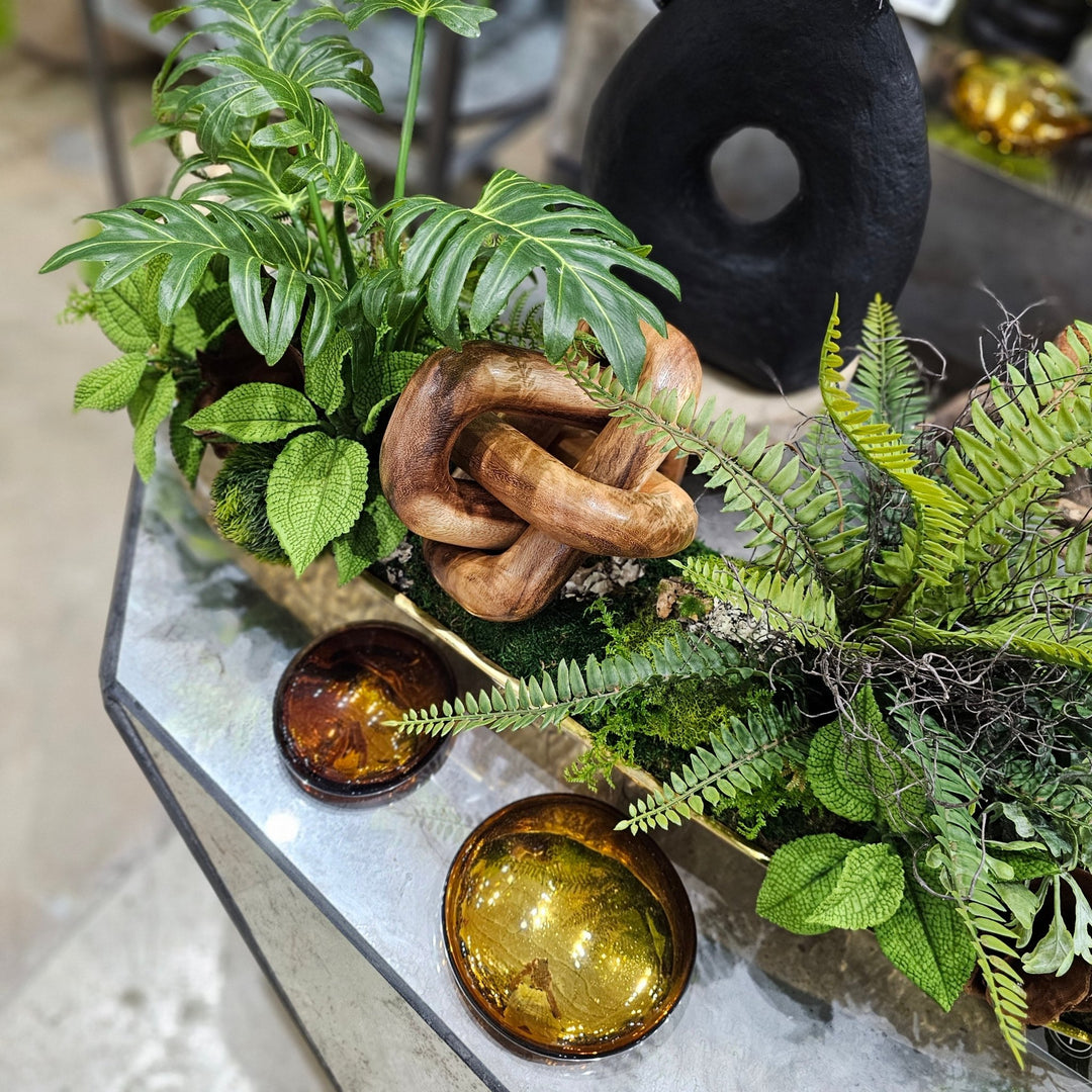 Carved Natural Wood Chain, Ferns and Mixed Mossed in Long Metal Tray 16"H - LDF Silk