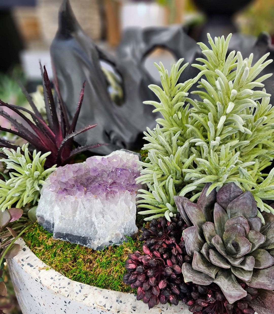 Carved Wood Fragment, Amethyst Crystal, Begonia, Tillandsia, Aloe and Succulents in Bowl FH: 25" - LDF Silk