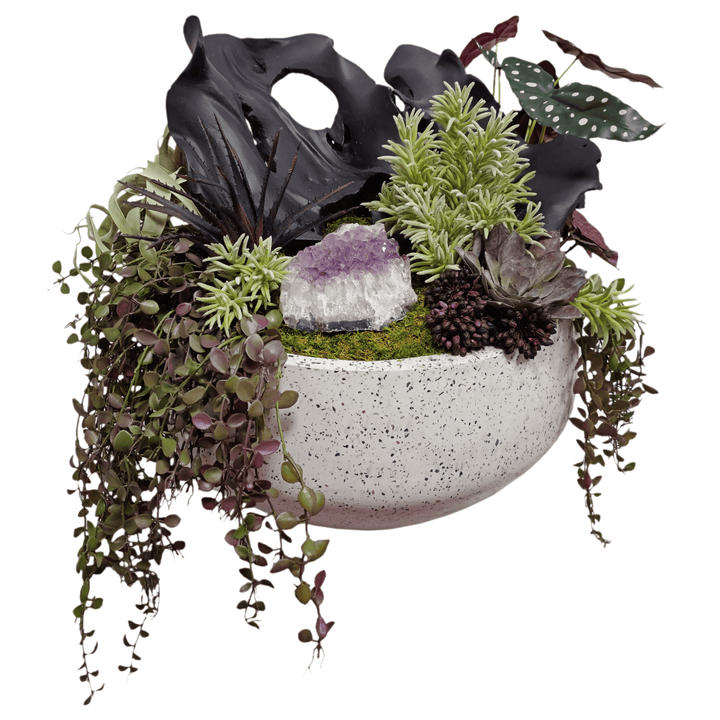 Carved Wood Fragment, Amethyst Crystal, Begonia, Tillandsia, Aloe and Succulents in Bowl FH: 25" - LDF Silk