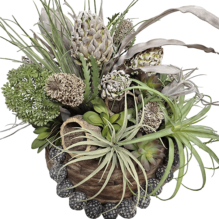 Clay Beads, Tillandsia, Foam Artichokes, Dried Coconut Shell in Natural Fiber Round Container. 20"H - LDF SilkArtificial Flora