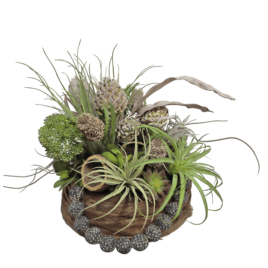 Clay Beads, Tillandsia, Foam Artichokes, Dried Coconut Shell in Natural Fiber Round Container. 20"H - LDF SilkArtificial Flora