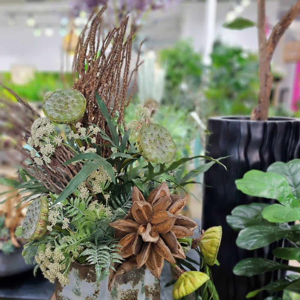 Coco Jhar, Lotus Pods, Star and Sora Pods and Ferns in Decorative Ceramic 40"H - LDF Silk