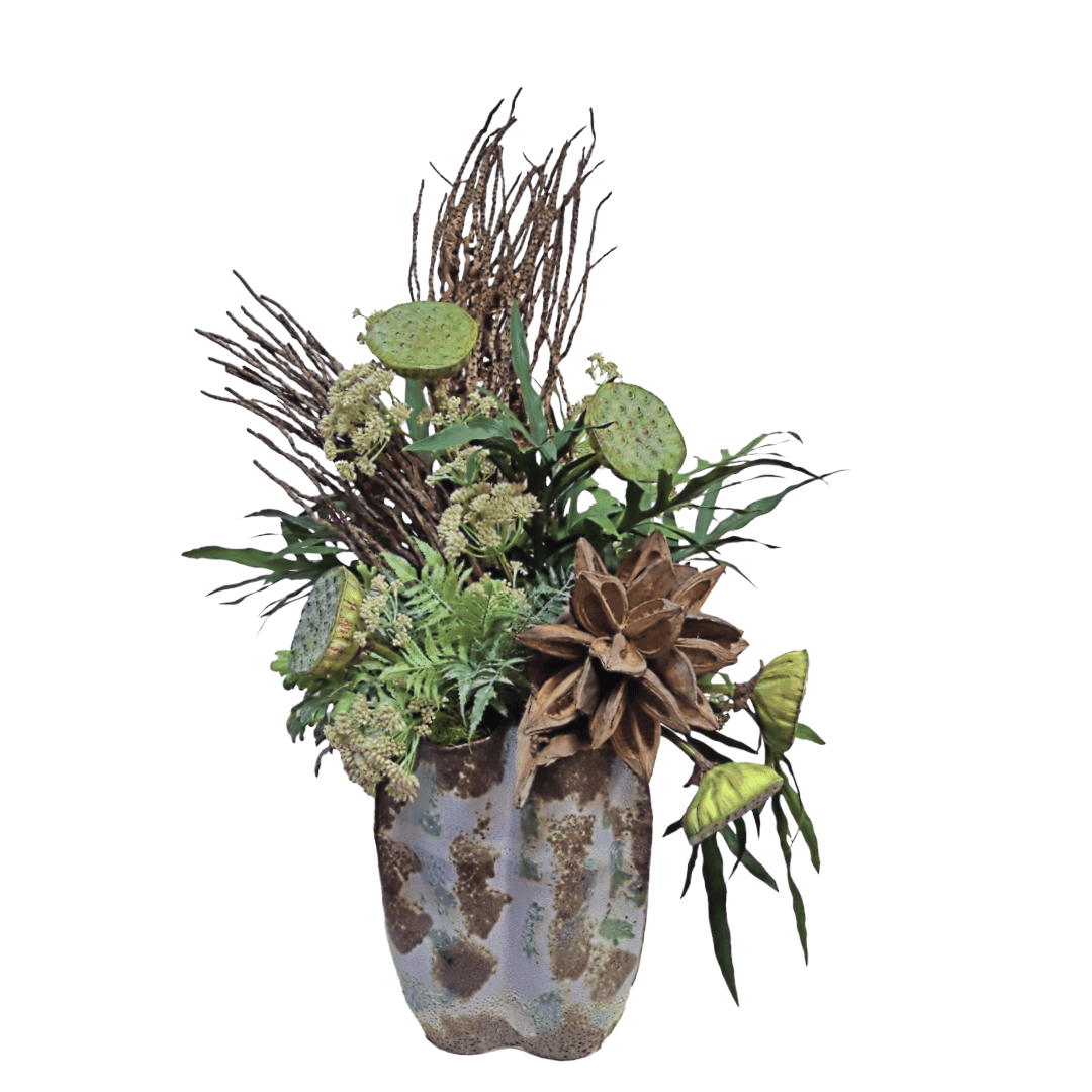 Coco Jhar, Lotus Pods, Star and Sora Pods and Ferns in Decorative Ceramic 40"H - LDF Silk