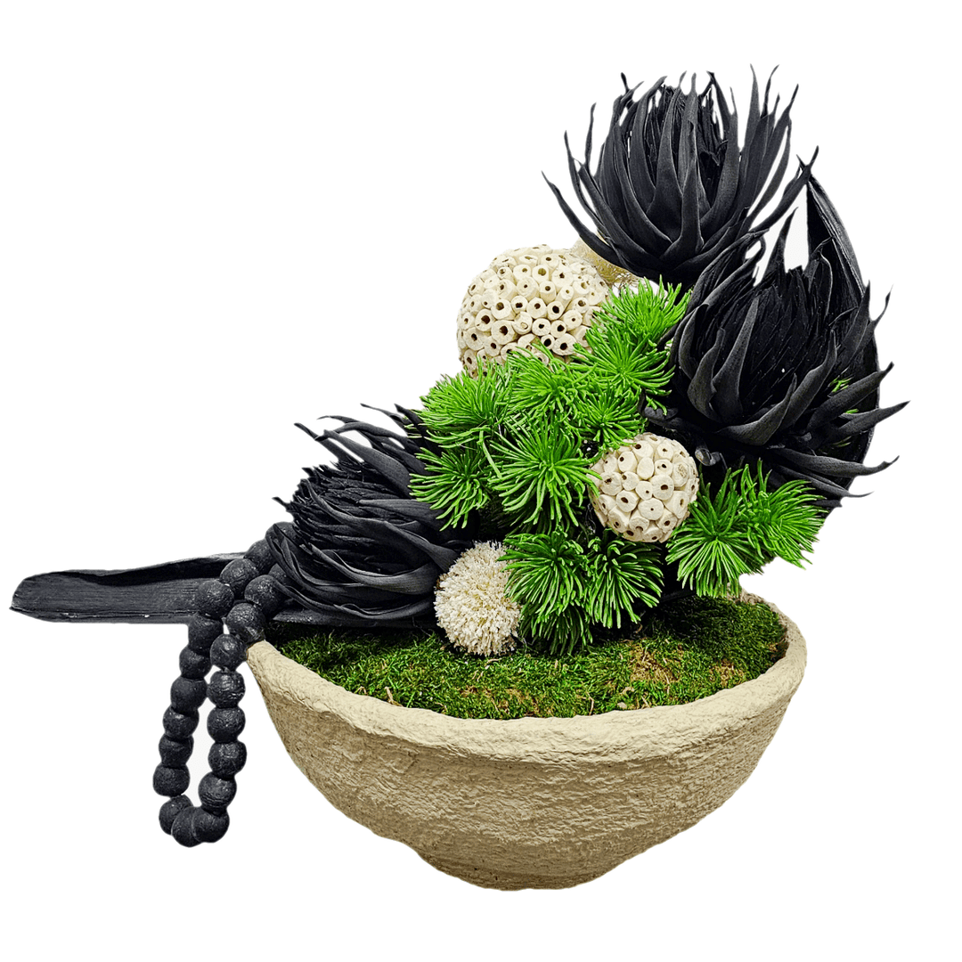 Coco Palm with Foam Flowers, Natural Spheres, Glass Beads and Greenery in Paper Mache Bowl. FH: 19" - LDF Silk