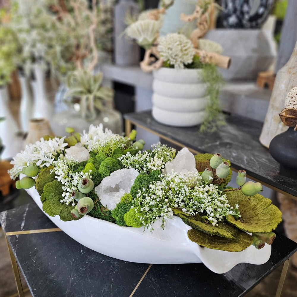 Crystals with Allium and Dried Mushrooms in Organic Ceramic Oval. FH: 15"H - LDF Silk
