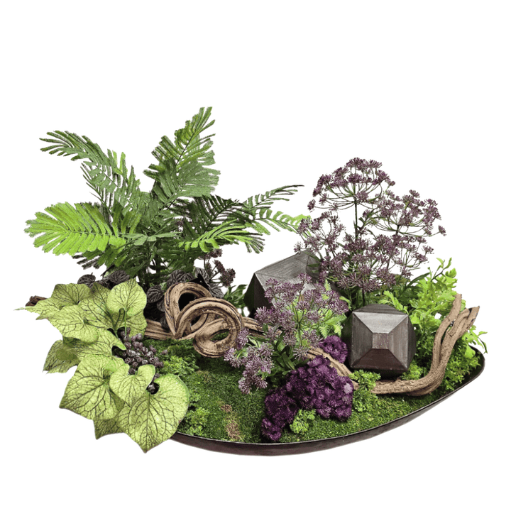 Curly Vine, Metal Cubes, Ferns, Dill and Sedum in Metal Egg Shape Low Bowl 28"H - LDF Silk