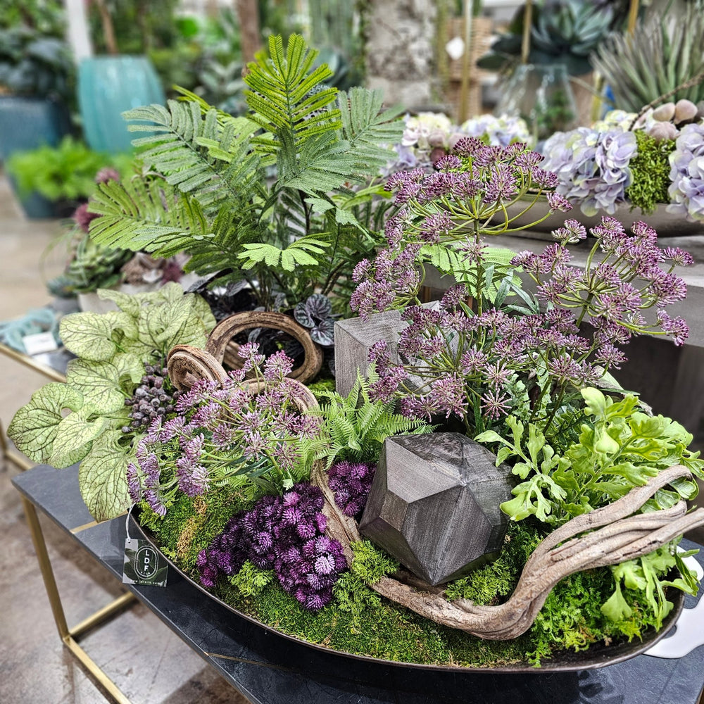 Curly Vine, Metal Cubes, Ferns, Dill and Sedum in Metal Egg Shape Low Bowl 28"H - LDF Silk
