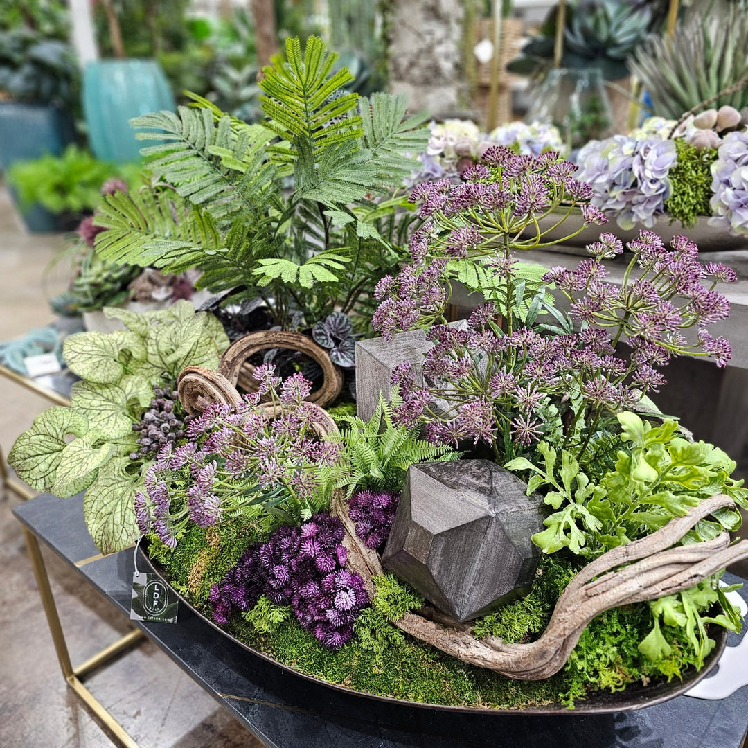 Curly Vine, Metal Cubes, Ferns, Dill and Sedum in Metal Egg Shape Low Bowl 28"H - LDF Silk