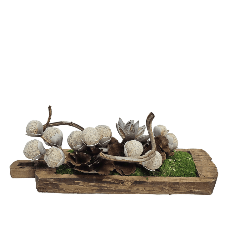 Curly Vine, Star Pod Cluster, Foam Pods and Calice in Carved Wood Tray 13"H - LDF Silk