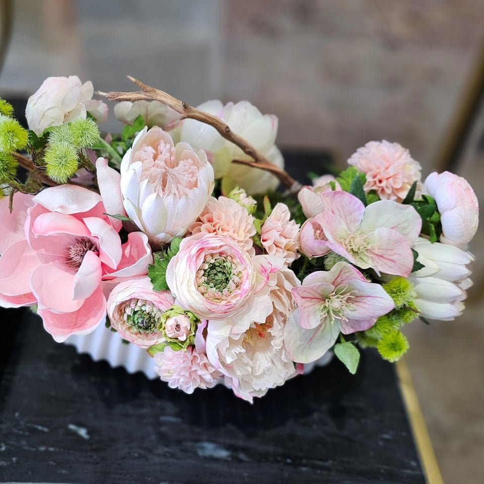 Dahlia, Peony, Protea, Ranunculus, Magnolia Pick, and Manzanita Branch in Ribbed Bowl. 10"H - LDF Silk