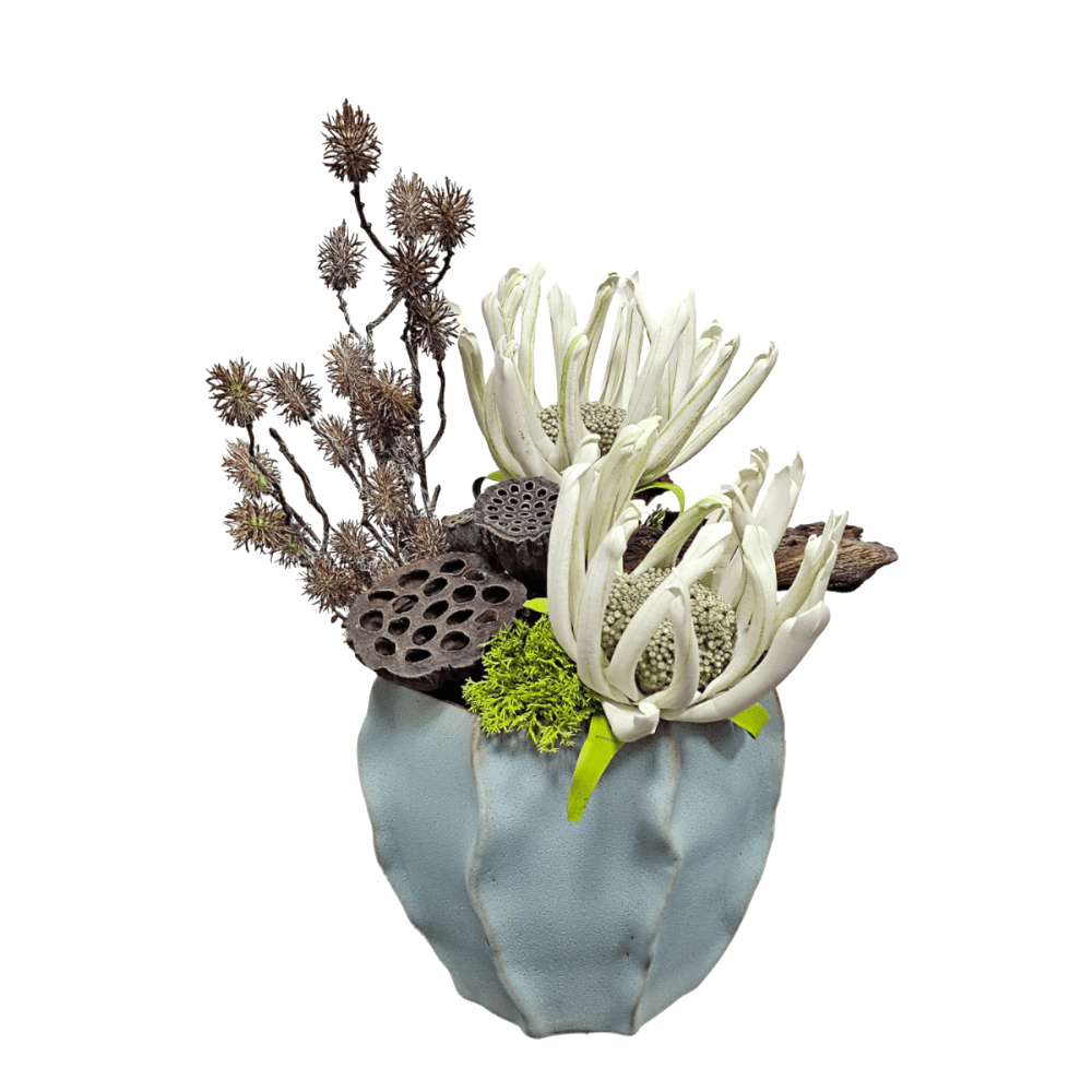 Daisy with Lotus Pods and Thistle in Ceramic. 15"H - LDF SilkArtificial Flora